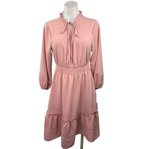 BROVAVE Pink Smocked Waist Ruffle Collar Tiered Peasant Midi A-Line Dress Size S